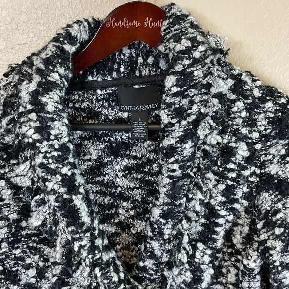 Cynthia Rowley Wrap Sweater Blazer Sz S Black White Mohair Wool Blend Fringe T1 - Picture 8 of 12